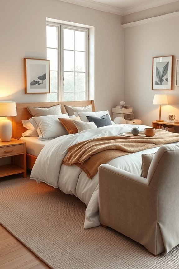 cozy bedding and lighting