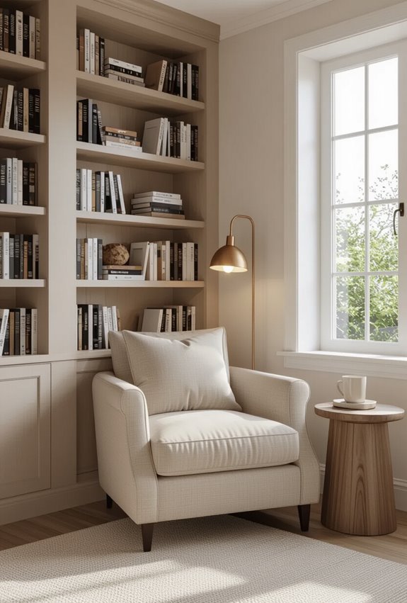 cozy bookshelf lit reading corner