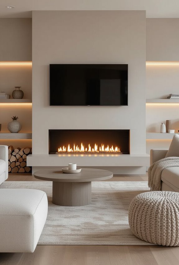 cozy built in faux stone fireplace