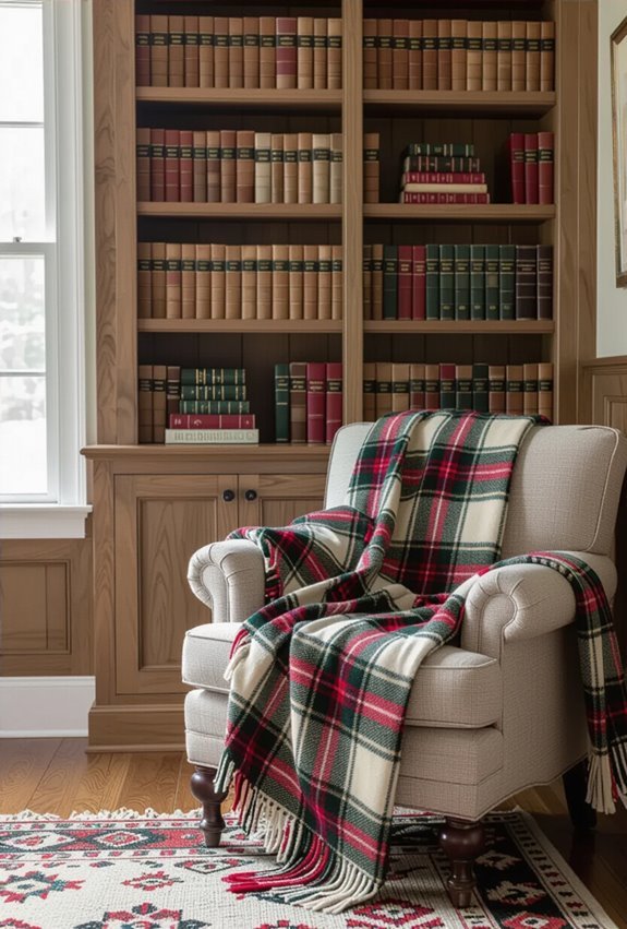 cozy classic plaid bookshelf vibe