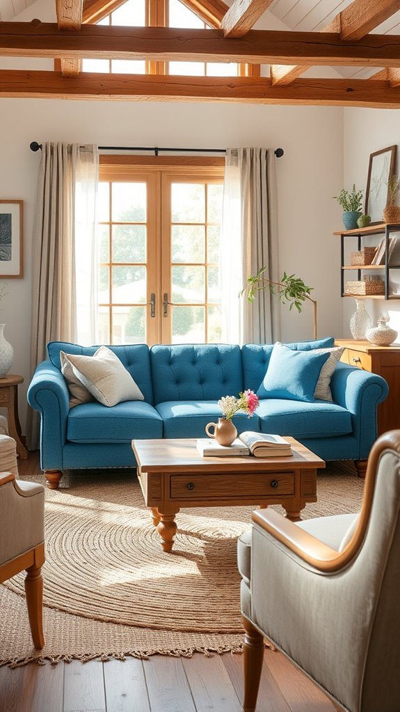 cozy farmhouse with blue couch