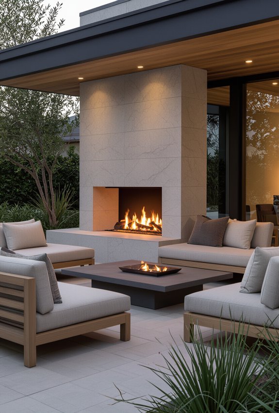 cozy fireplace centered outdoor lounge
