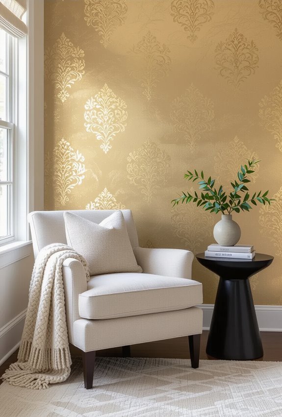 cozy gold wallpaper reading nook