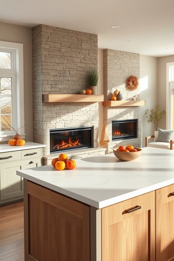 cozy kitchen fireplace integration