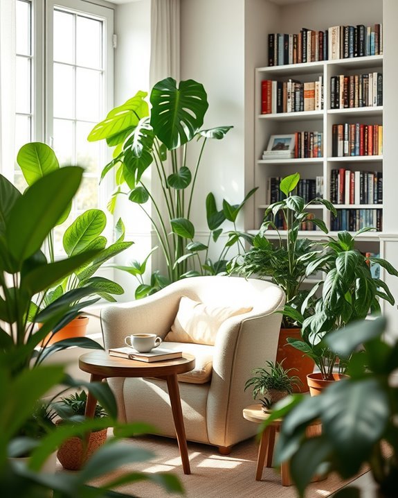 cozy plant filled reading nook