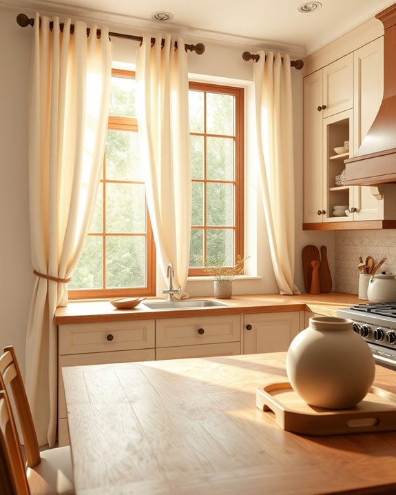 cream curtains brown rods