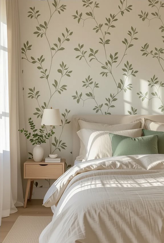 cream wallpaper with sagegreen motifs