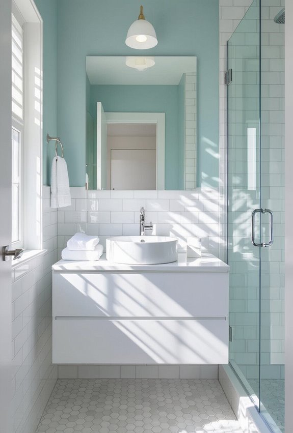 crisp teal accented airy bathroom