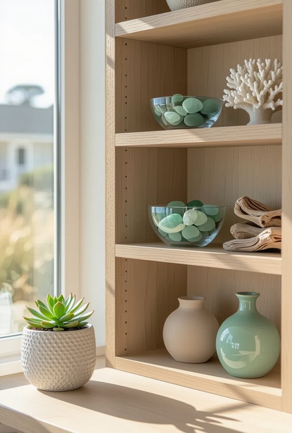 curated beach inspired open shelving