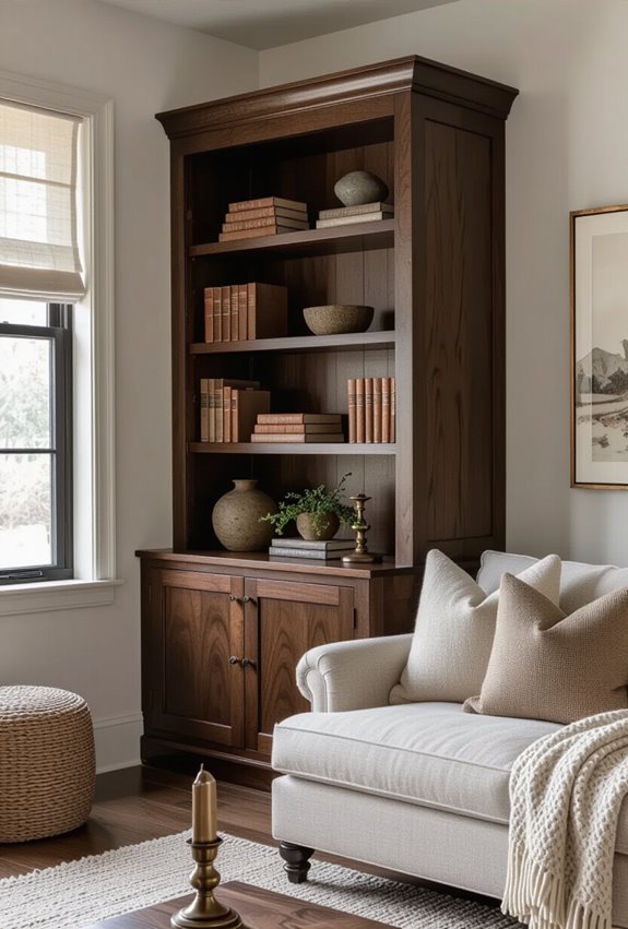 dark stained vintage bookshelves ground