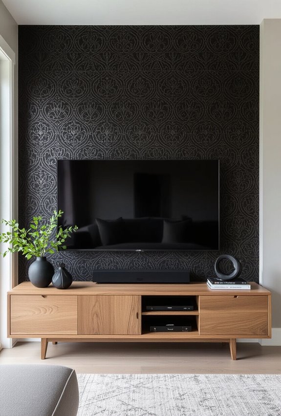 dark textured wallpaper behind tv