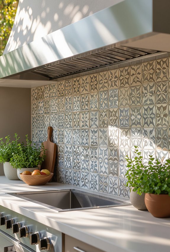 decorative backsplash enhances outdoor kitchen