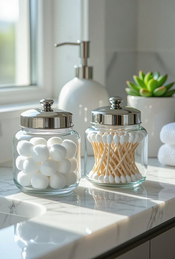 decorative jars organize bathroom essentials