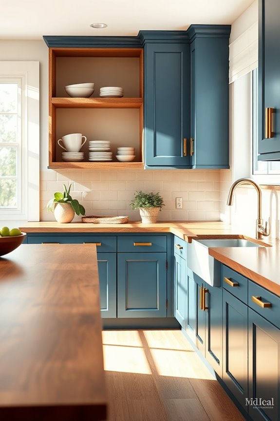 denim blue cabinets walnut countertops
