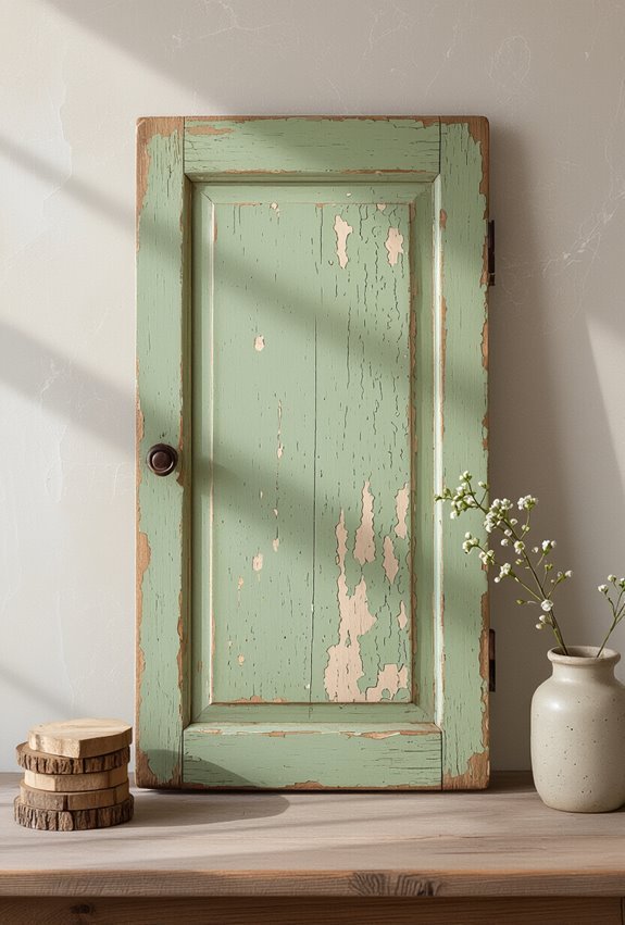 distressed vintage green kitchen cabinetry