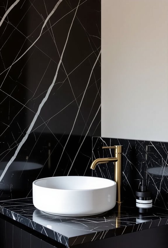 dramatic black marble powder room