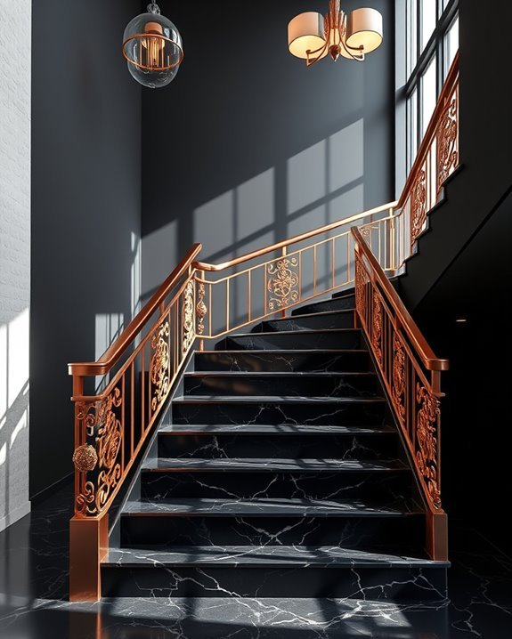 dramatic black rose gold staircases