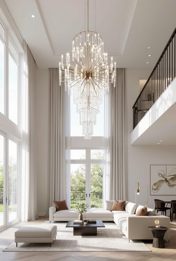 dramatic chandelier anchoring verticality