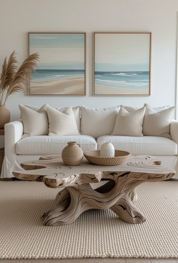 driftwood sculptures with beachglass