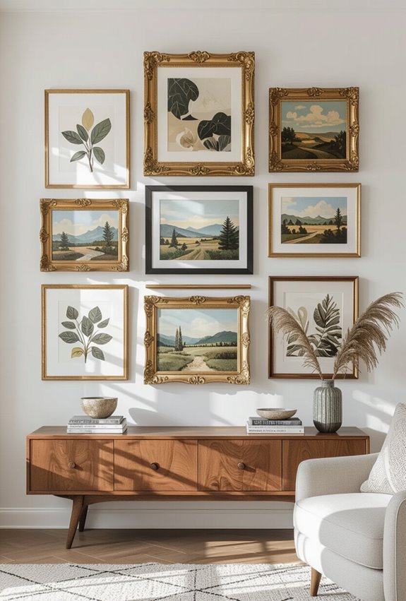 eclectic framed memorabilia with contrast