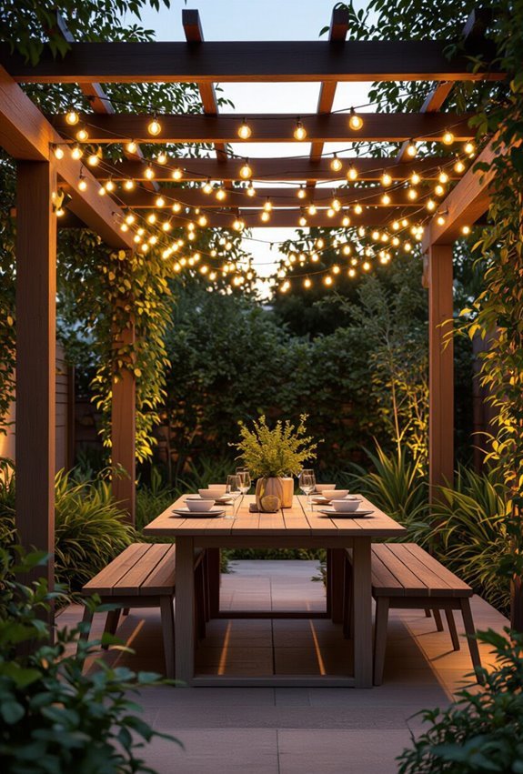 edison lit pergola with lanterns