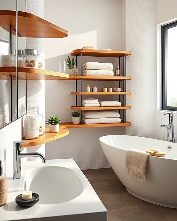 elevate bathroom with open shelving
