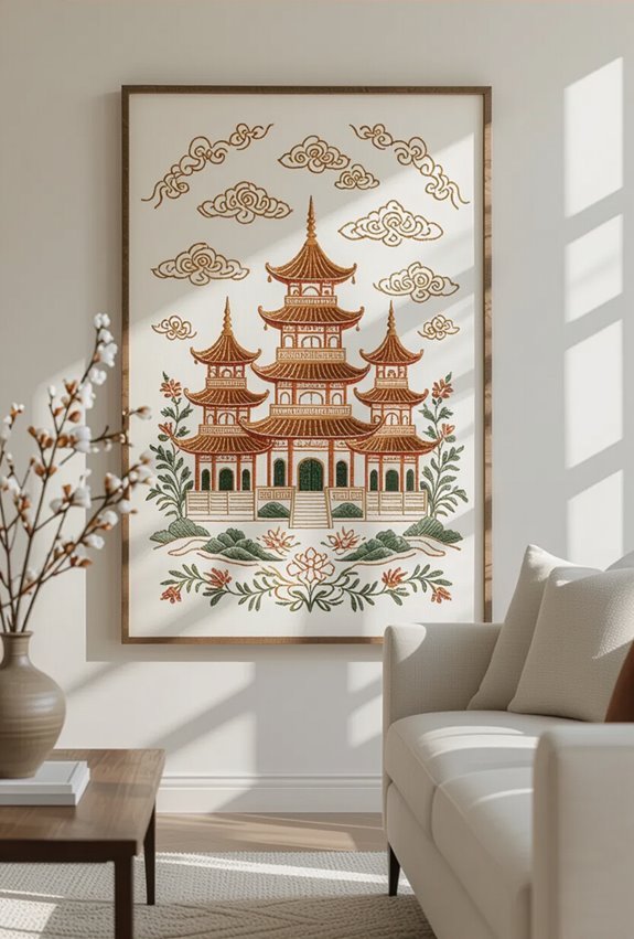 embroidered pagoda textile decor