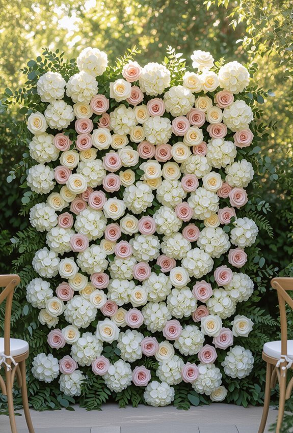 emerging through lush floral curtain
