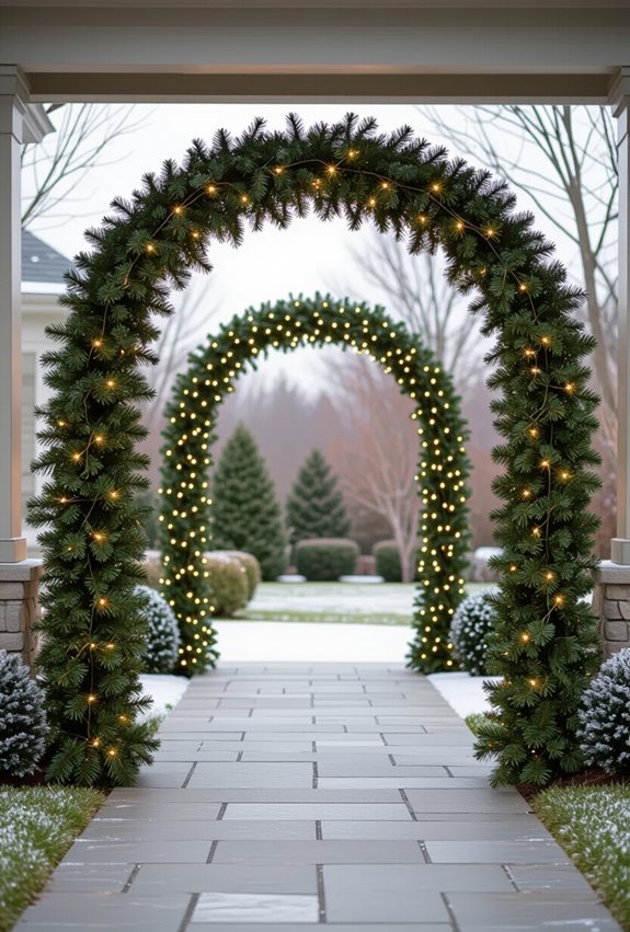 evergreen archway with lights