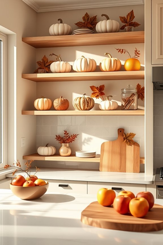 fall themed open shelving decor