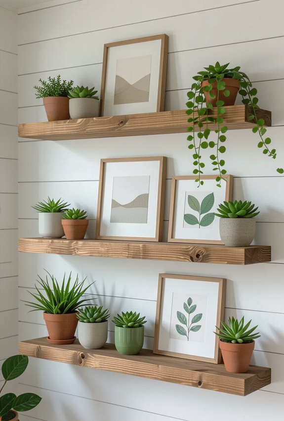 farmhouse shelves with plants