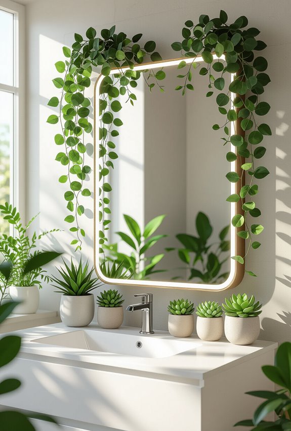 faux greenery framing bathroom mirror