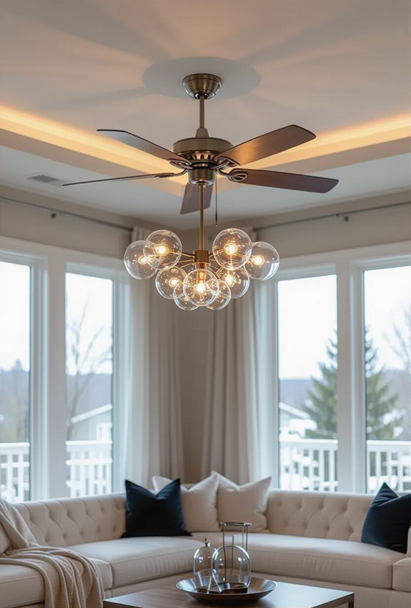 feathered blade fans with chandeliers