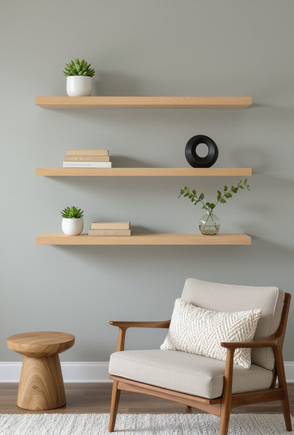floating shelves enhance accent wall