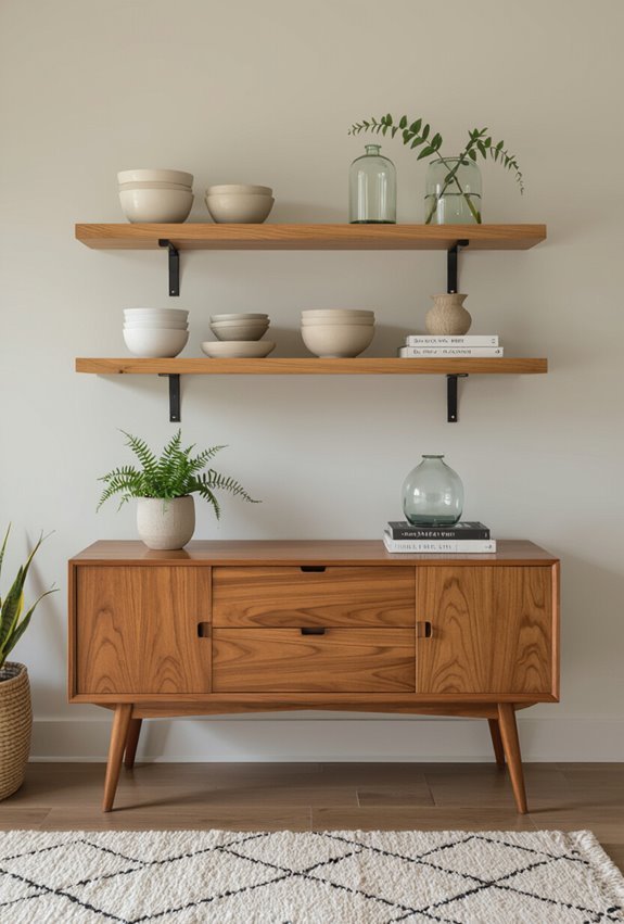 floating shelves showcase curated vignettes