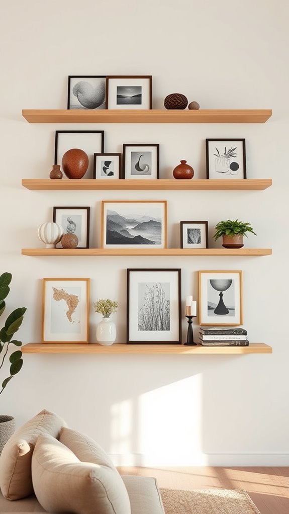 floating shelves with art