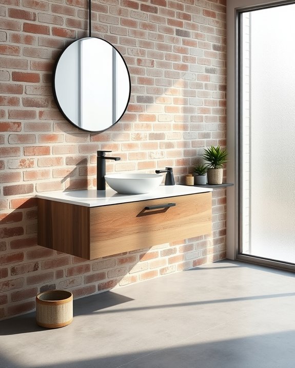 floating vanities against brick