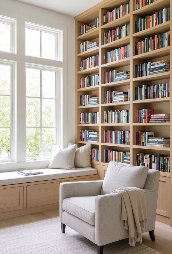 floor to ceiling laddered bookshelves