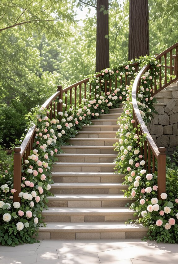 floral draped greenery staircase descent