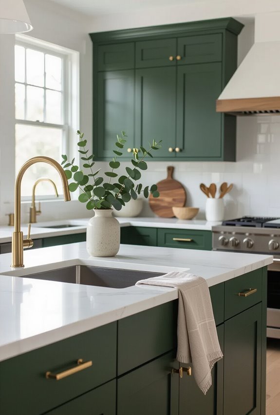 forest green cabinets white counters