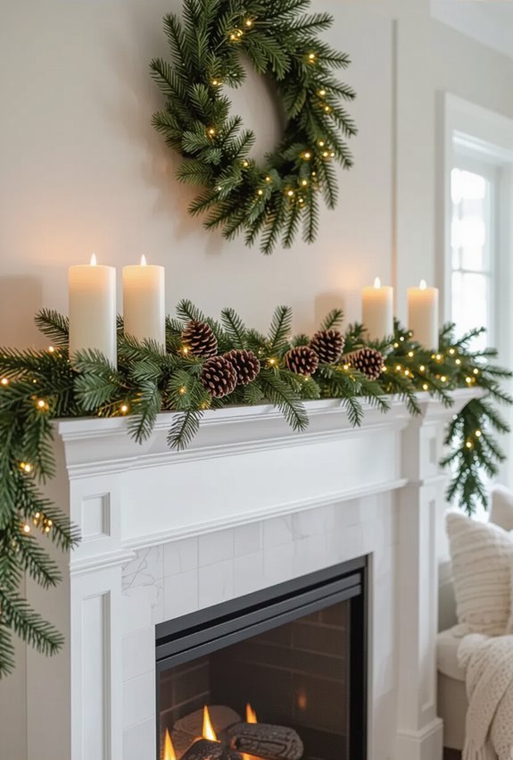 garland draped mantel with candles