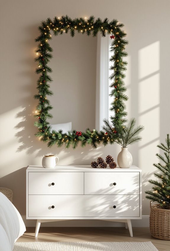 garland wrapped mirror with lights
