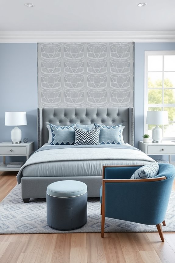 geometric blue grey bedroom decor