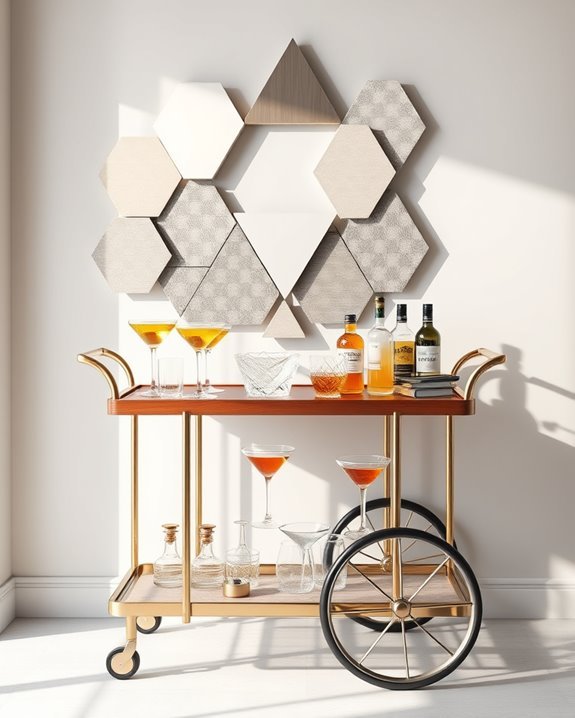 geometric decor enhances bar cart