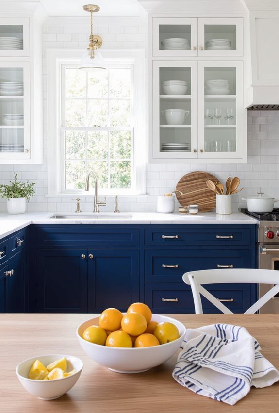 glass fronted blue and white cabinetry