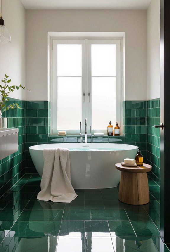 glossy emerald tiles amplify light