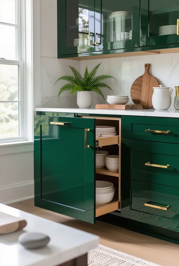 glossy green reflective kitchen cabinets