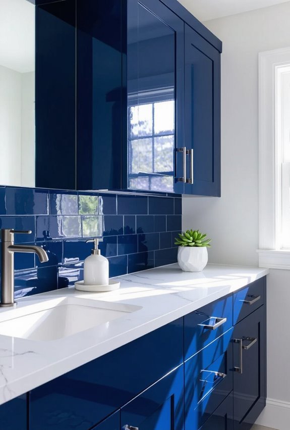 glossy navy cabinets brighten space