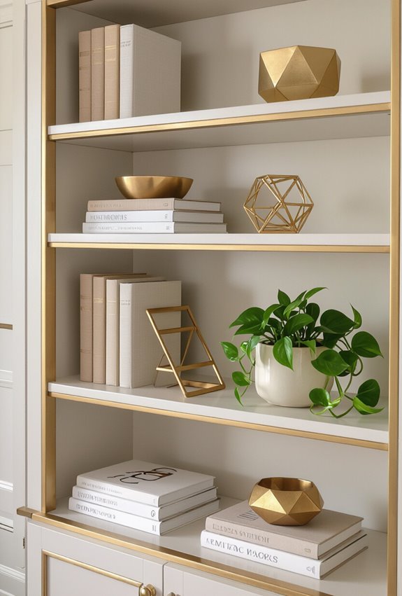 gold accented curated shelving displays