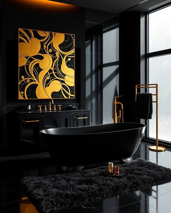 gold artwork enhances black bathrooms